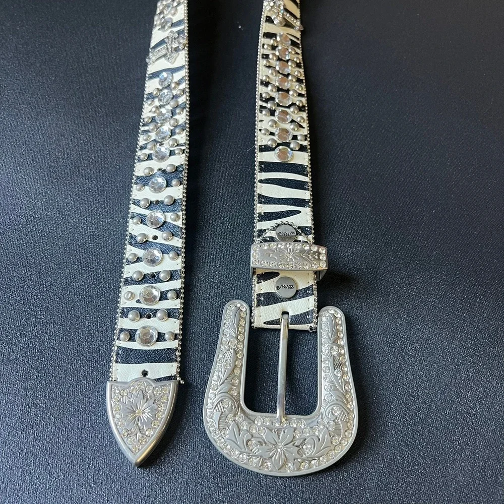 BHW Zebra Print Rhinestone Western Belt L Genuine Leather Cross Studded Rodeo